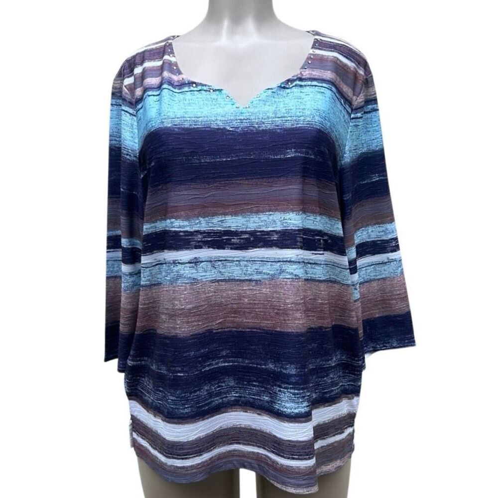 G Collection Tunic Blouse Women's XL Multicolor Striped 3/4 Sleeve Notched Neck